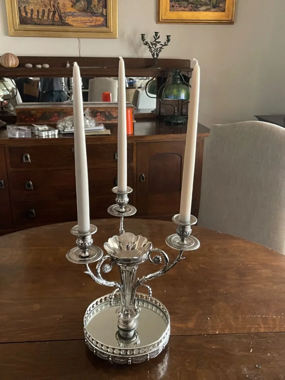 Vintage Shabby Shic Godinger Silver Plated Epergne 3 Branch Candleabra Mirror Tr